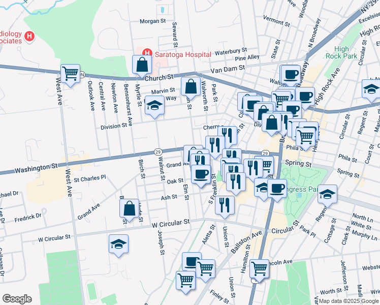 map of restaurants, bars, coffee shops, grocery stores, and more near 219 Elm Street in Saratoga Springs