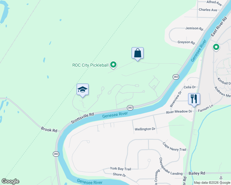 map of restaurants, bars, coffee shops, grocery stores, and more near 4 Great Meadow Circle in Rochester