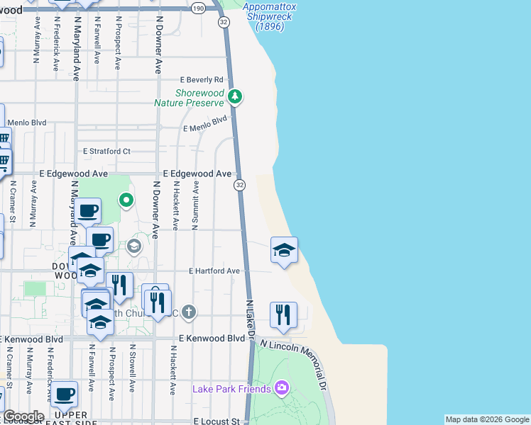 map of restaurants, bars, coffee shops, grocery stores, and more near 3432 North Lake Drive in Milwaukee