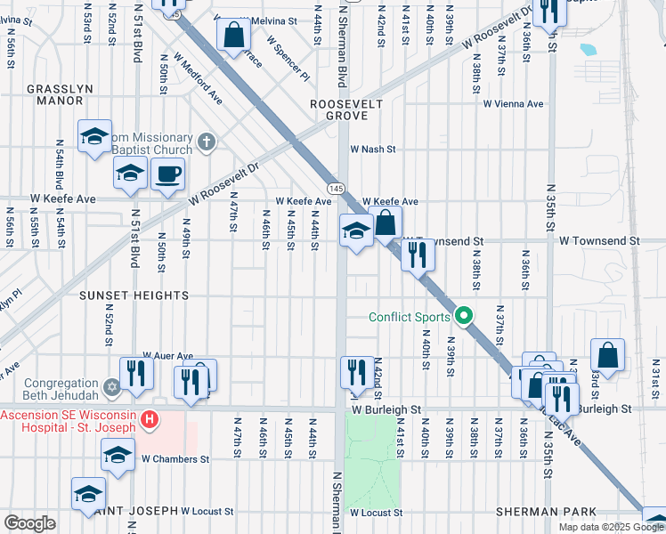 map of restaurants, bars, coffee shops, grocery stores, and more near 3337 North Sherman Boulevard in Milwaukee