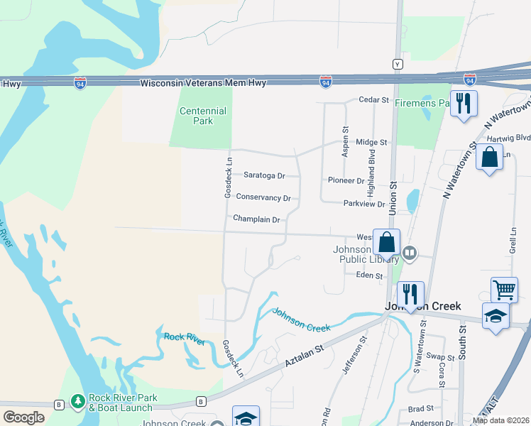 map of restaurants, bars, coffee shops, grocery stores, and more near 416 Champlain Drive in Johnson Creek