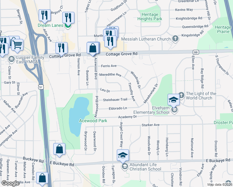 map of restaurants, bars, coffee shops, grocery stores, and more near 4705 Leo Drive in Madison