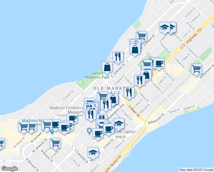 map of restaurants, bars, coffee shops, grocery stores, and more near in Madison