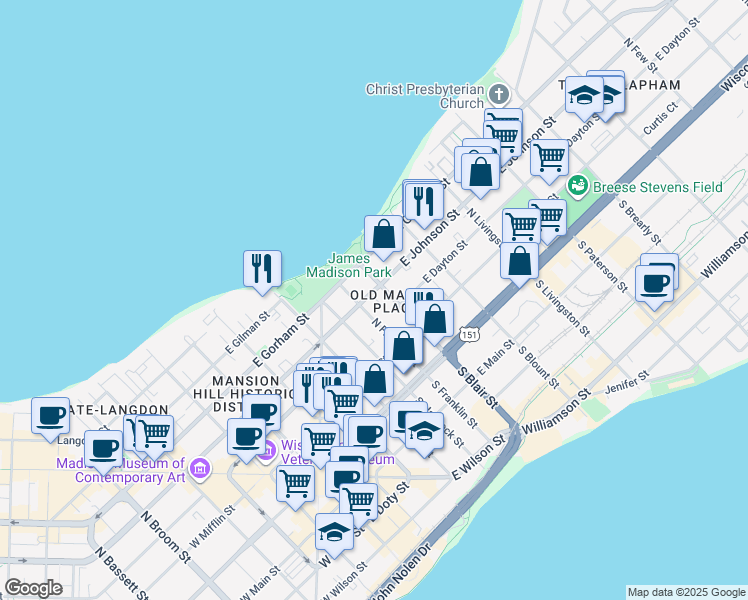 map of restaurants, bars, coffee shops, grocery stores, and more near in Madison