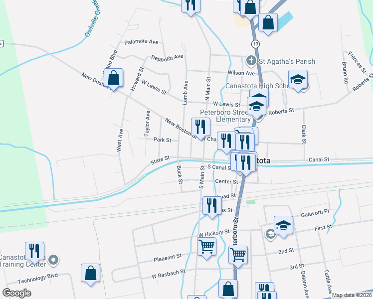 map of restaurants, bars, coffee shops, grocery stores, and more near 104 Catherine Street in Canastota