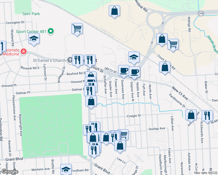 map of restaurants, bars, coffee shops, grocery stores, and more near 409 Snyder Avenue in Syracuse