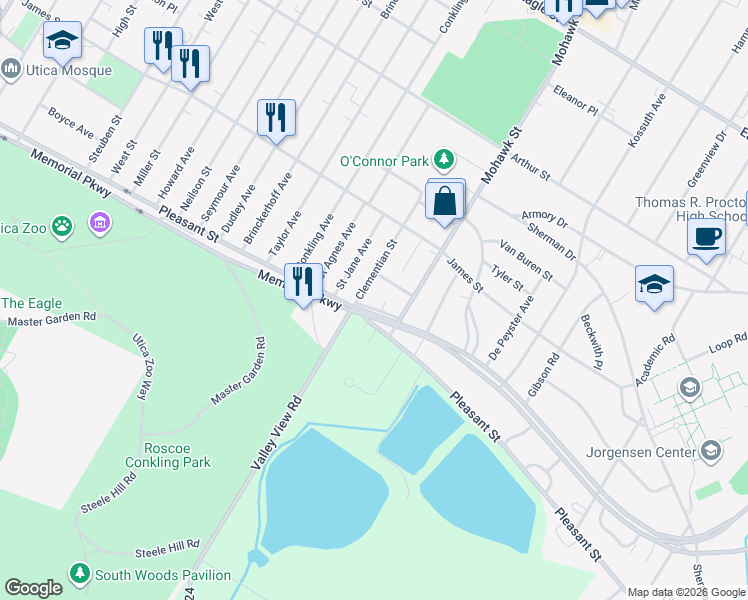 map of restaurants, bars, coffee shops, grocery stores, and more near 1642 Clementian Street in Utica
