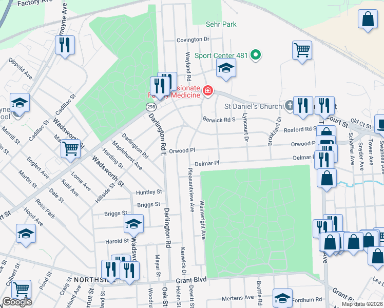 map of restaurants, bars, coffee shops, grocery stores, and more near 101 Delmar Place in Syracuse