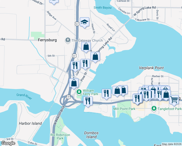 map of restaurants, bars, coffee shops, grocery stores, and more near 400 Pine Street in Spring Lake
