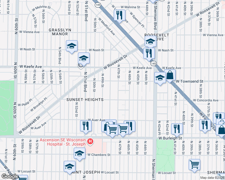 map of restaurants, bars, coffee shops, grocery stores, and more near 3336 North 48th Street in Milwaukee