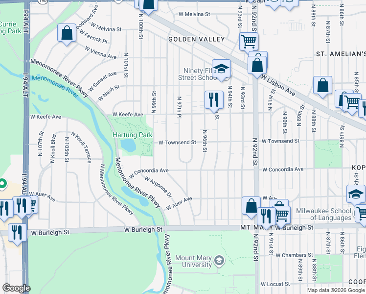 map of restaurants, bars, coffee shops, grocery stores, and more near 3363 North 97th Street in Milwaukee