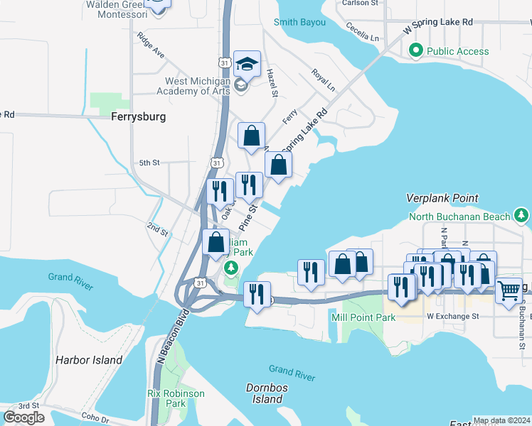 map of restaurants, bars, coffee shops, grocery stores, and more near 400 Pine Street in Spring Lake