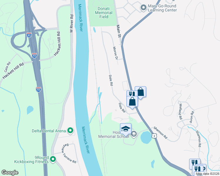 map of restaurants, bars, coffee shops, grocery stores, and more near 36 Dale Road in Hooksett