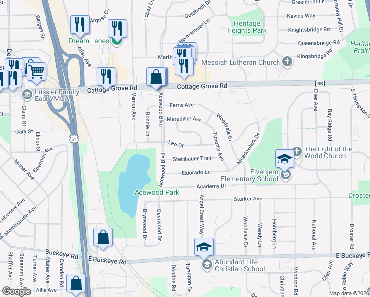 map of restaurants, bars, coffee shops, grocery stores, and more near 4705 Leo Drive in Madison