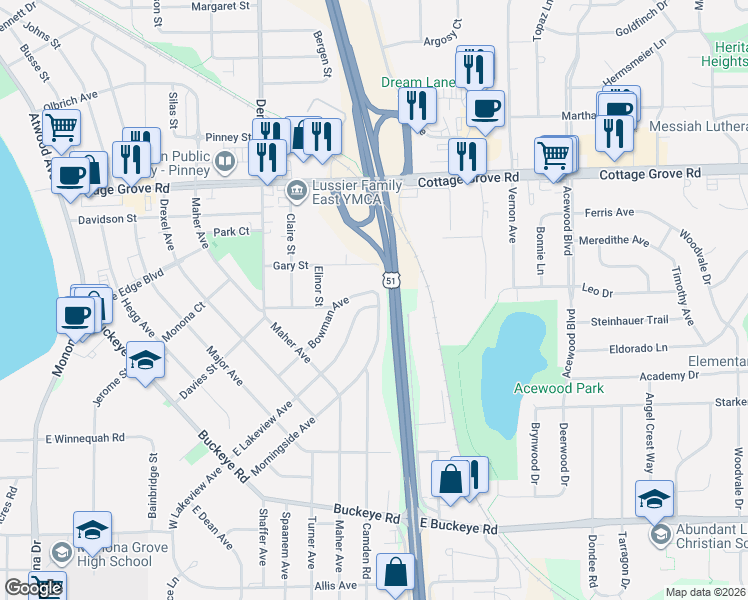 map of restaurants, bars, coffee shops, grocery stores, and more near 616 Morningside Avenue in Madison