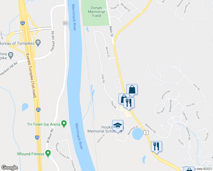 map of restaurants, bars, coffee shops, grocery stores, and more near 37 Dale Road in Hooksett