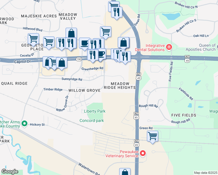 map of restaurants, bars, coffee shops, grocery stores, and more near 1458 Meadowcreek Court in Pewaukee