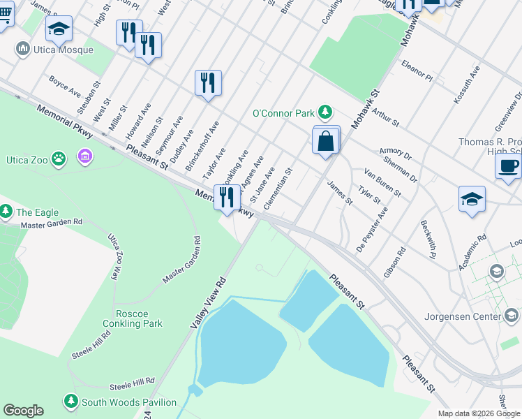 map of restaurants, bars, coffee shops, grocery stores, and more near 1642 Clementian Street in Utica