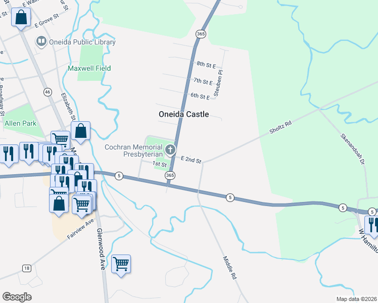 map of restaurants, bars, coffee shops, grocery stores, and more near 27 E 2nd St in Oneida