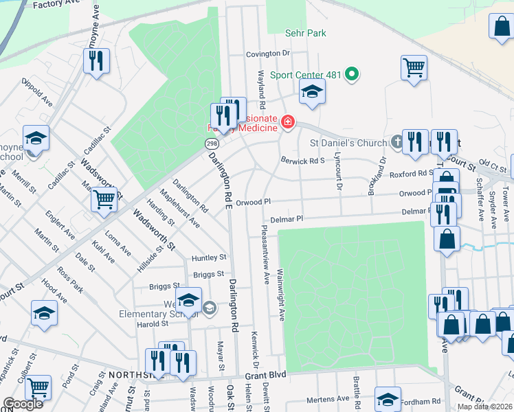 map of restaurants, bars, coffee shops, grocery stores, and more near 414 Kenwick Drive in Syracuse
