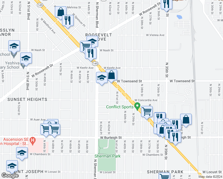 map of restaurants, bars, coffee shops, grocery stores, and more near 3350 North 42nd Street in Milwaukee