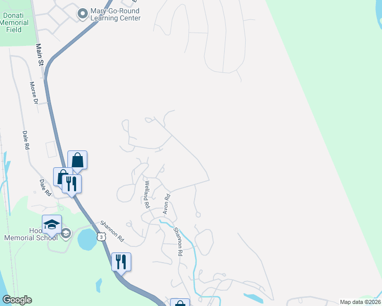 map of restaurants, bars, coffee shops, grocery stores, and more near Thames Road in Hooksett