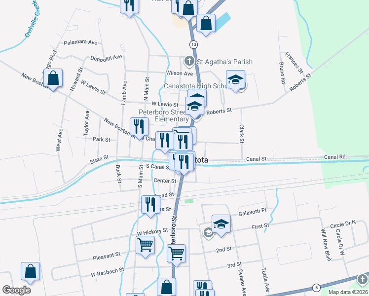 map of restaurants, bars, coffee shops, grocery stores, and more near 123 North Peterboro Street in Canastota
