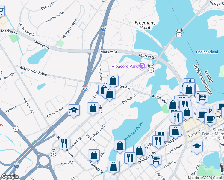 map of restaurants, bars, coffee shops, grocery stores, and more near 4 Cutts Street in Portsmouth