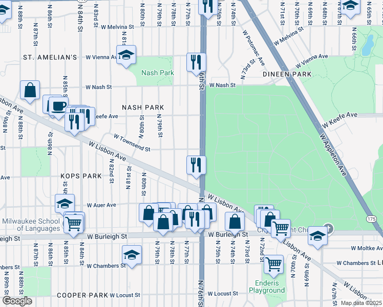 map of restaurants, bars, coffee shops, grocery stores, and more near 3343 North 76th Street in Milwaukee