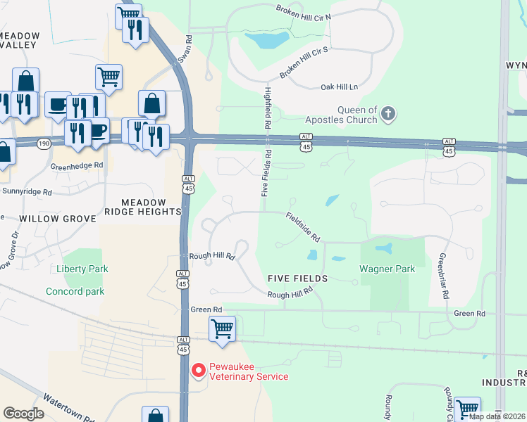 map of restaurants, bars, coffee shops, grocery stores, and more near N33W23753 Fieldside Road in Pewaukee