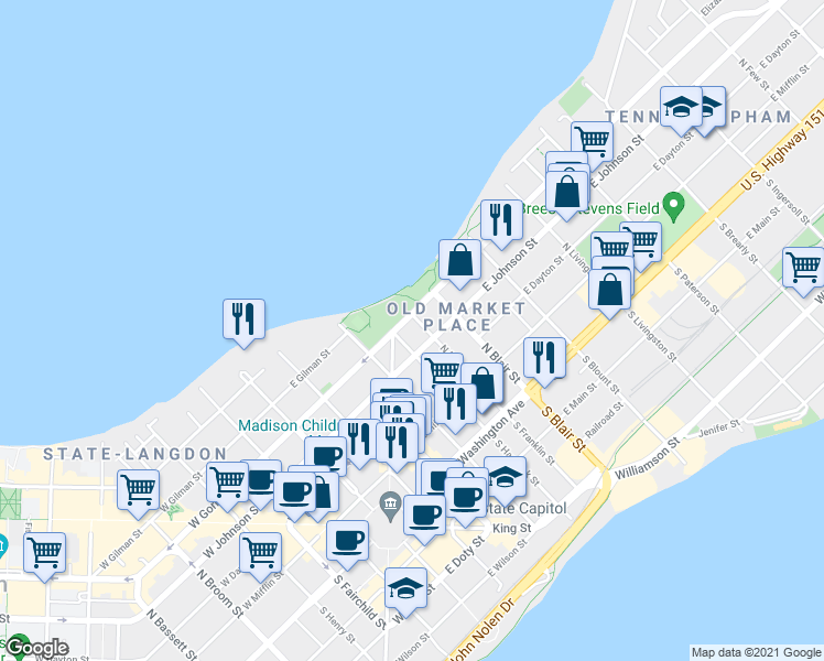 map of restaurants, bars, coffee shops, grocery stores, and more near 427 East Gorham Street in Madison