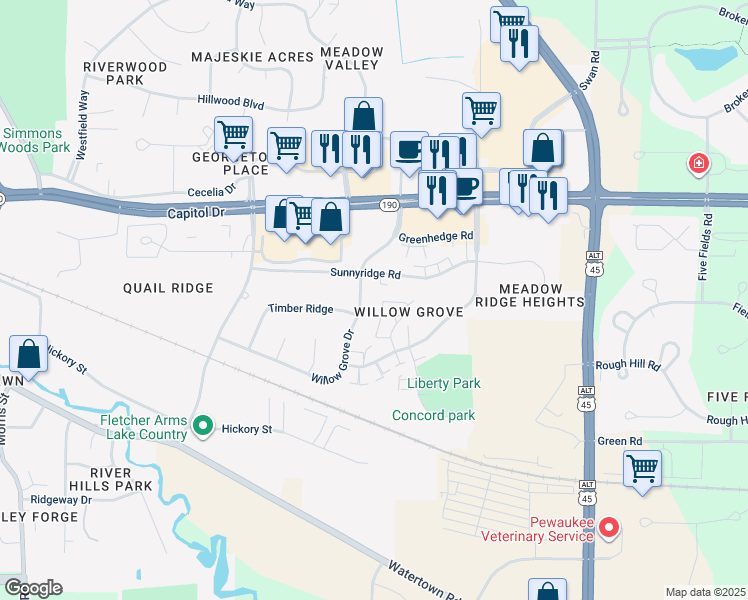 map of restaurants, bars, coffee shops, grocery stores, and more near 330 Willow Grove Drive in Pewaukee