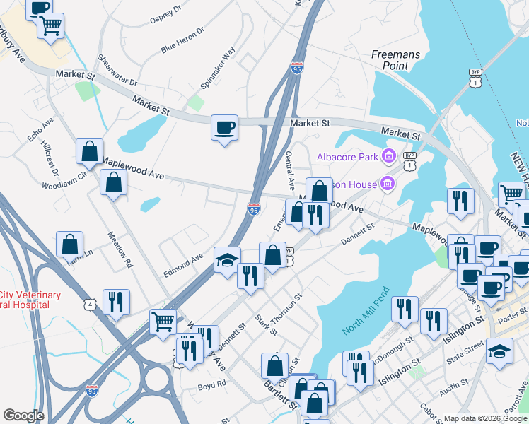map of restaurants, bars, coffee shops, grocery stores, and more near 86 Emery Street in Portsmouth