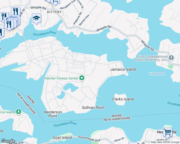 map of restaurants, bars, coffee shops, grocery stores, and more near 1 Ayres Circle in Kittery