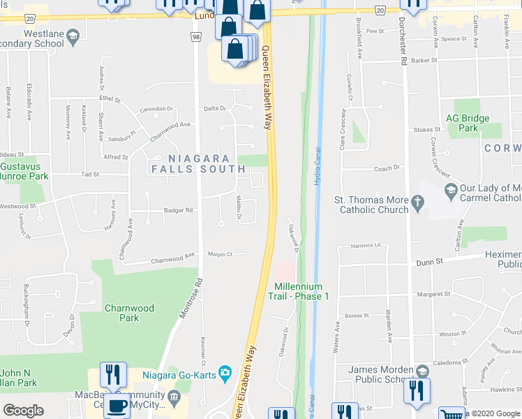 map of restaurants, bars, coffee shops, grocery stores, and more near 6524 Laguna Court in Niagara Falls