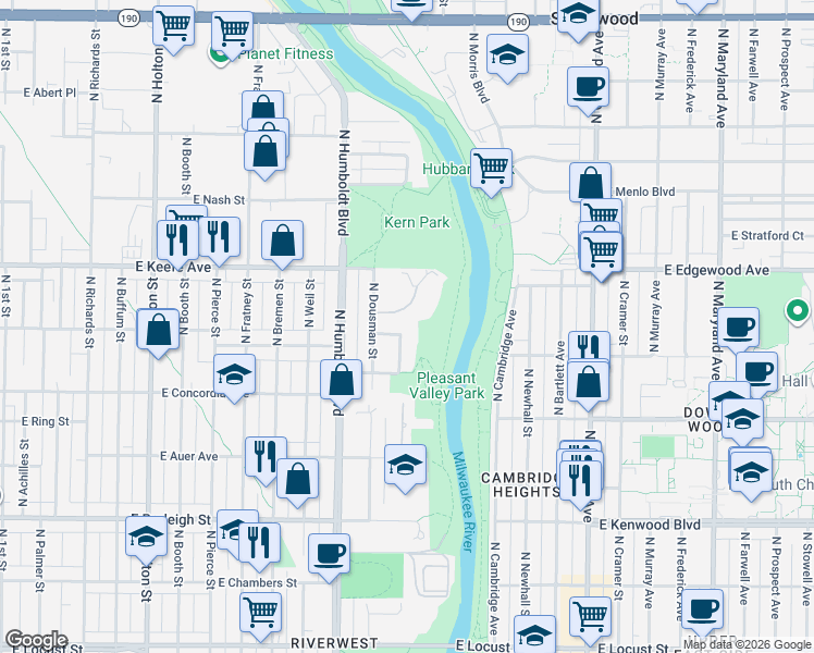 map of restaurants, bars, coffee shops, grocery stores, and more near 3371 North Gordon Place in Milwaukee