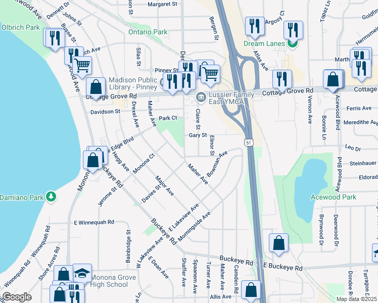 map of restaurants, bars, coffee shops, grocery stores, and more near 601 Pinchot Avenue in Madison