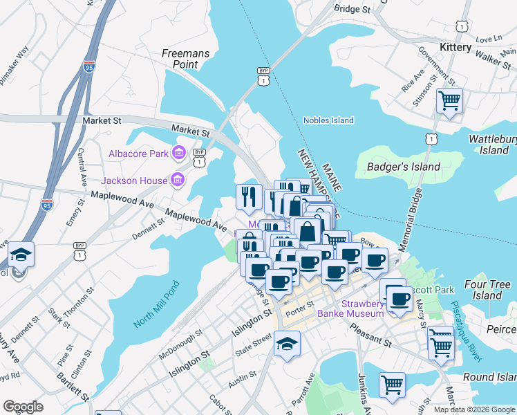 map of restaurants, bars, coffee shops, grocery stores, and more near 319 Vaughan Street in Portsmouth
