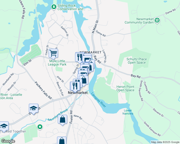 map of restaurants, bars, coffee shops, grocery stores, and more near 55 Main Street in Newmarket