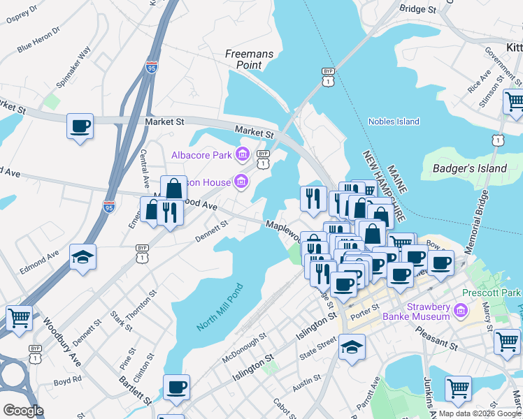 map of restaurants, bars, coffee shops, grocery stores, and more near 235 Maplewood Avenue in Portsmouth
