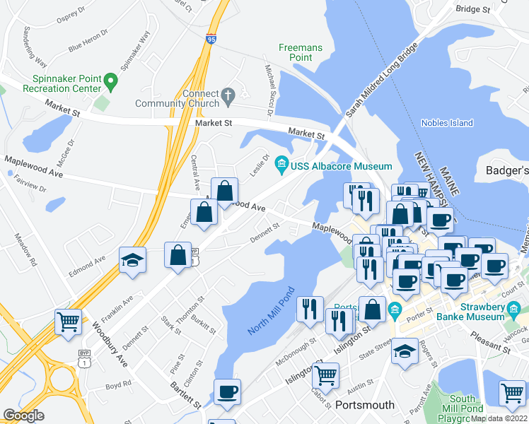 map of restaurants, bars, coffee shops, grocery stores, and more near 36 North School Street in Portsmouth