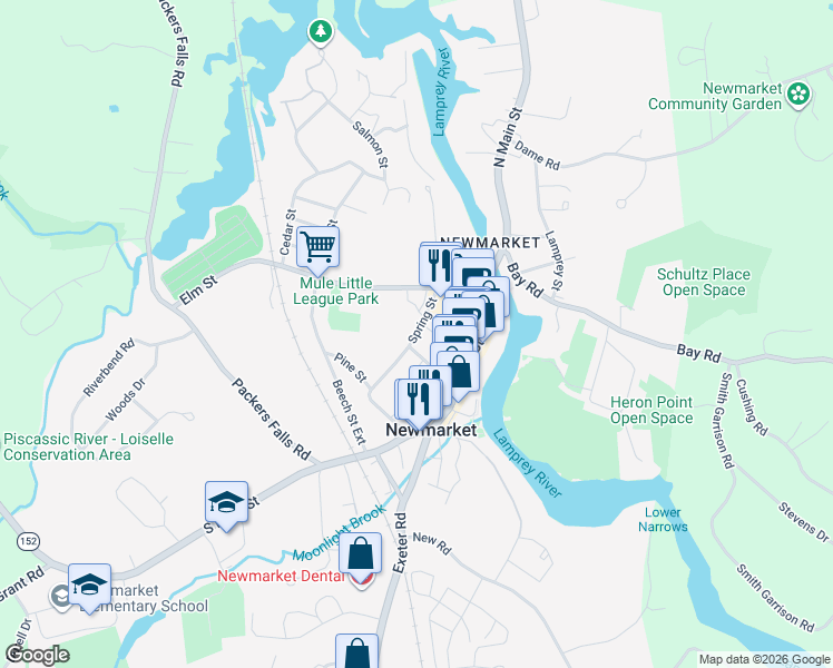 map of restaurants, bars, coffee shops, grocery stores, and more near 1 Granite Street in Newmarket