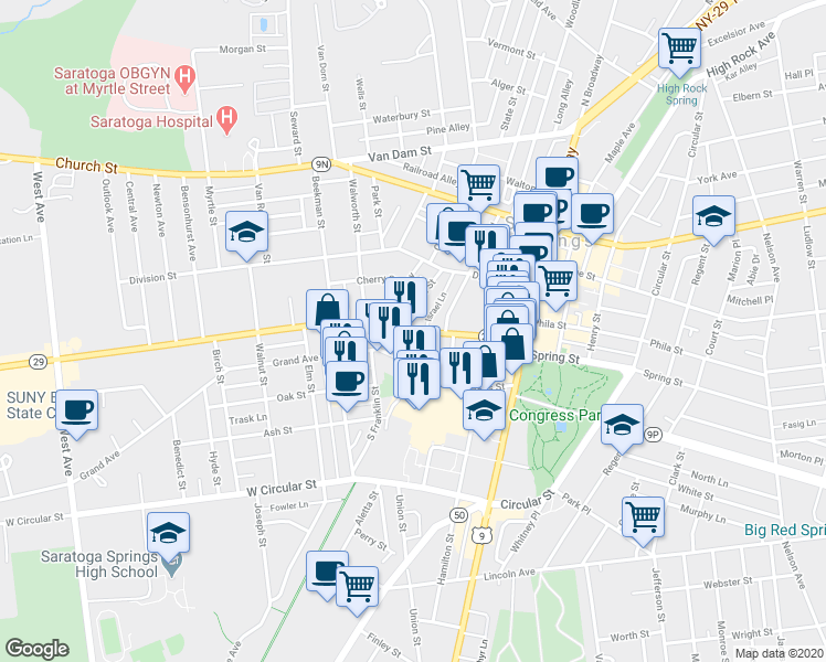 map of restaurants, bars, coffee shops, grocery stores, and more near 68 Washington Street in Saratoga Springs