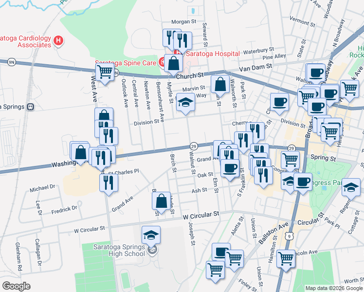 map of restaurants, bars, coffee shops, grocery stores, and more near 202 Washington Street in Saratoga Springs