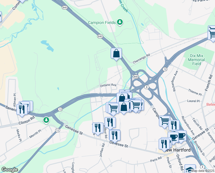 map of restaurants, bars, coffee shops, grocery stores, and more near 9 Ruth Avenue in New Hartford