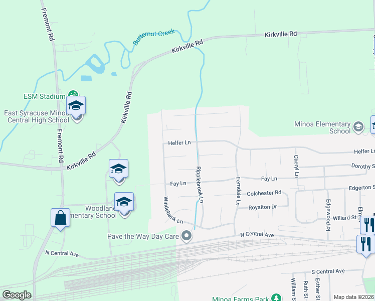 map of restaurants, bars, coffee shops, grocery stores, and more near 304 Ripplebrook Lane in Minoa