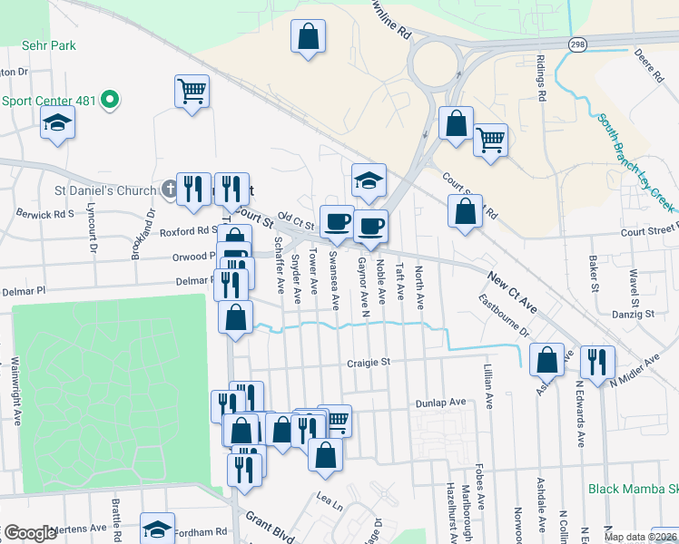 map of restaurants, bars, coffee shops, grocery stores, and more near 433 Gaynor Avenue North in Syracuse