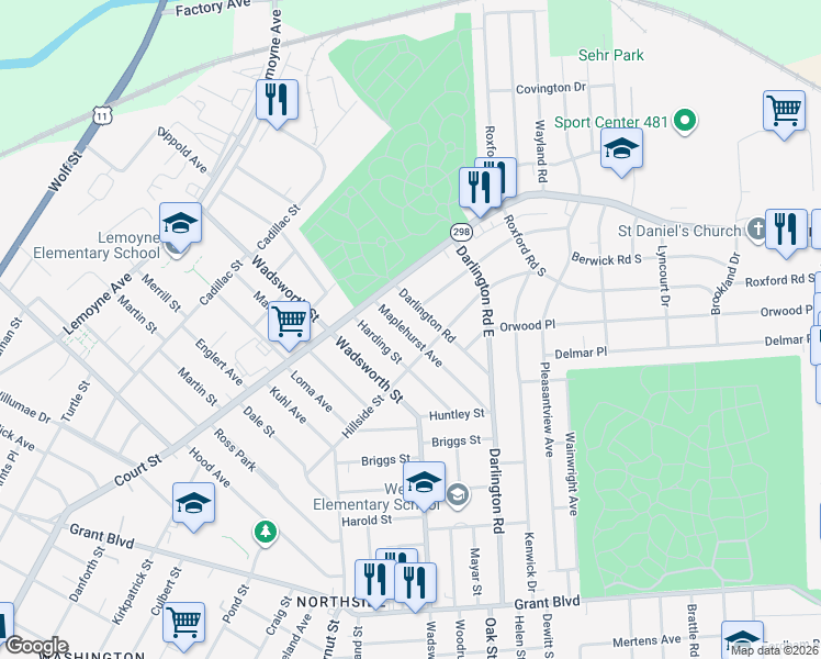 map of restaurants, bars, coffee shops, grocery stores, and more near 221-23 Maplehurst Avenue in Syracuse
