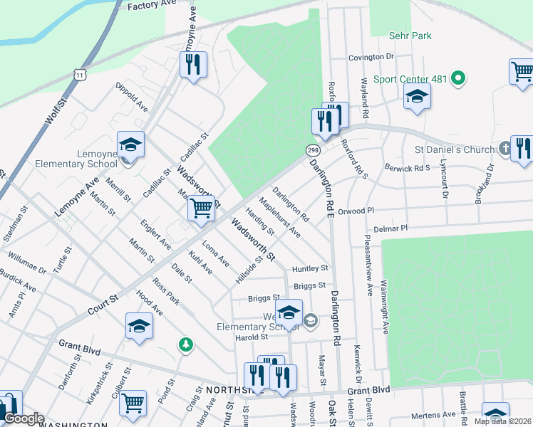 map of restaurants, bars, coffee shops, grocery stores, and more near 221-23 Maplehurst Avenue in Syracuse