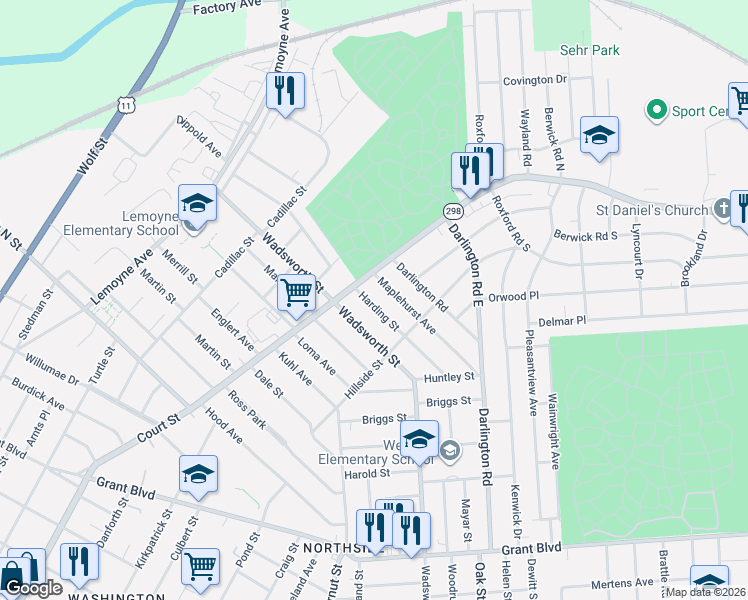 map of restaurants, bars, coffee shops, grocery stores, and more near 251 Harding Street in Syracuse